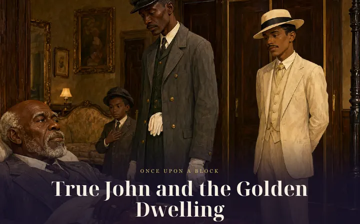 Cover of True John and the Golden Dwelling: four Black characters in 1930s dress in a lamplit Harlem parlour.
